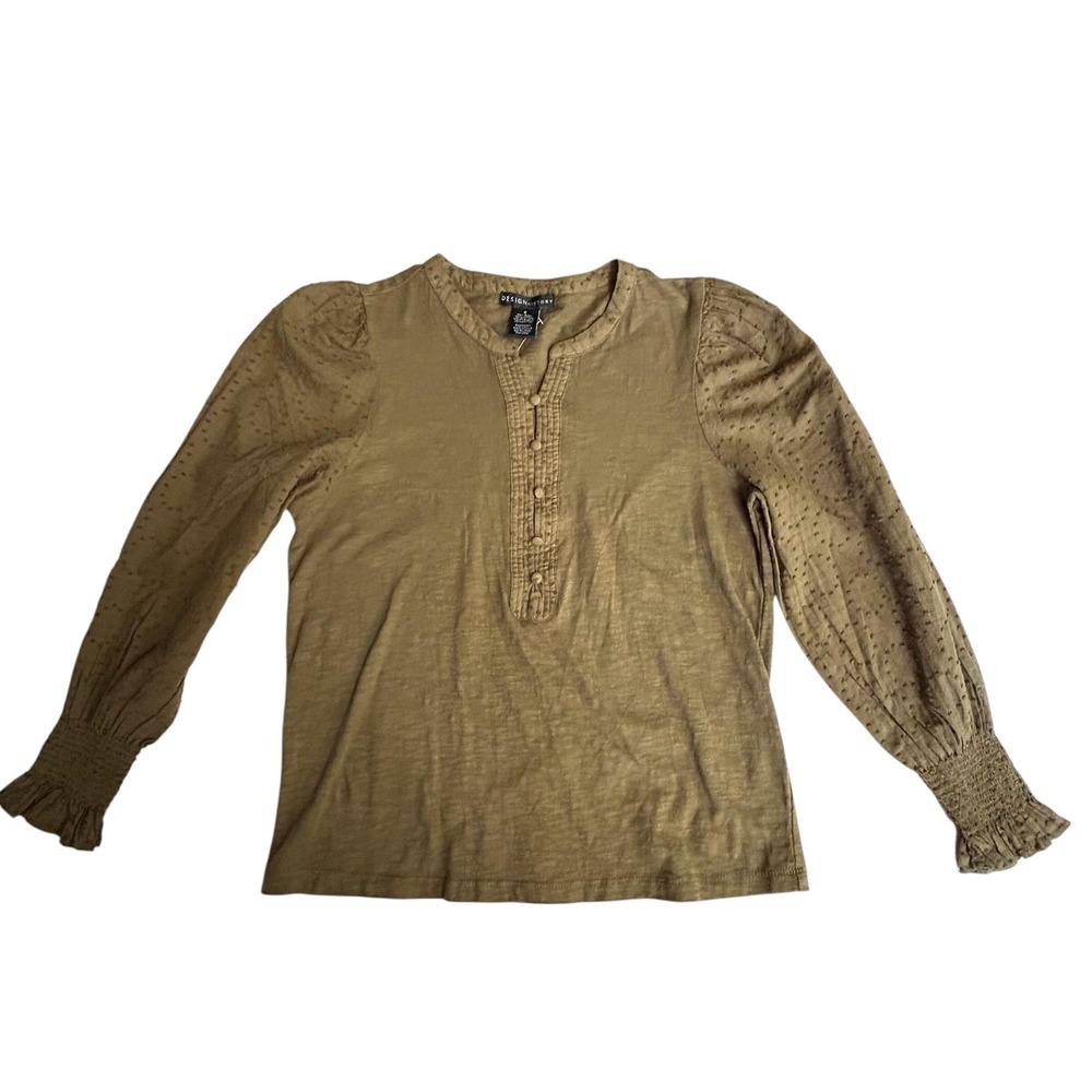 Design History Top‎ Womens Large Olive Green Textured Sleeve Button Down Blouse